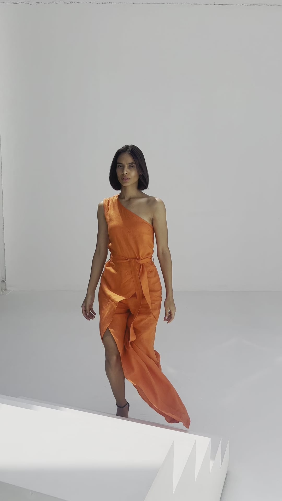 One Shoulder Tangerine Linen Iris Jumpsuit