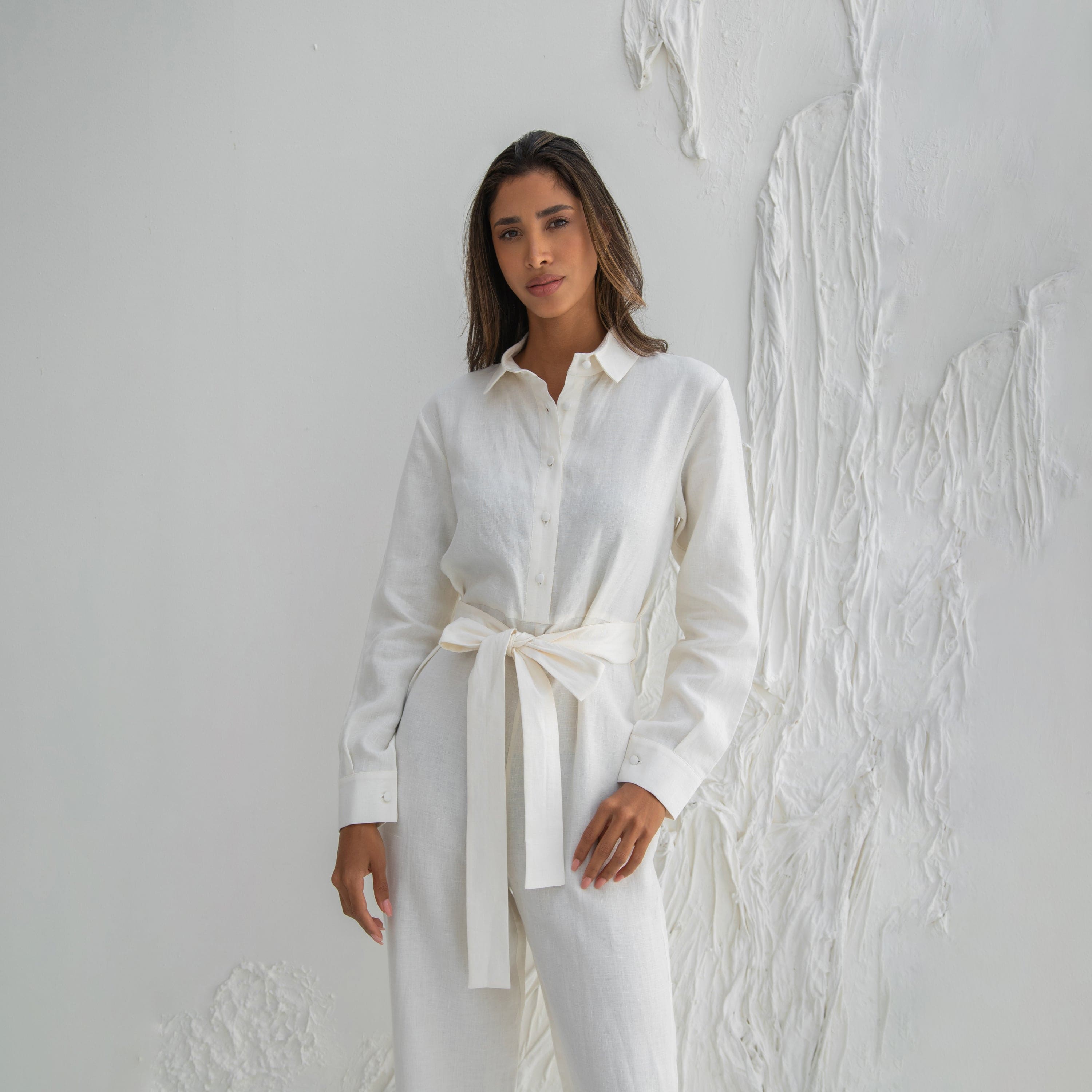 White linen jumpsuit hotsell long sleeve