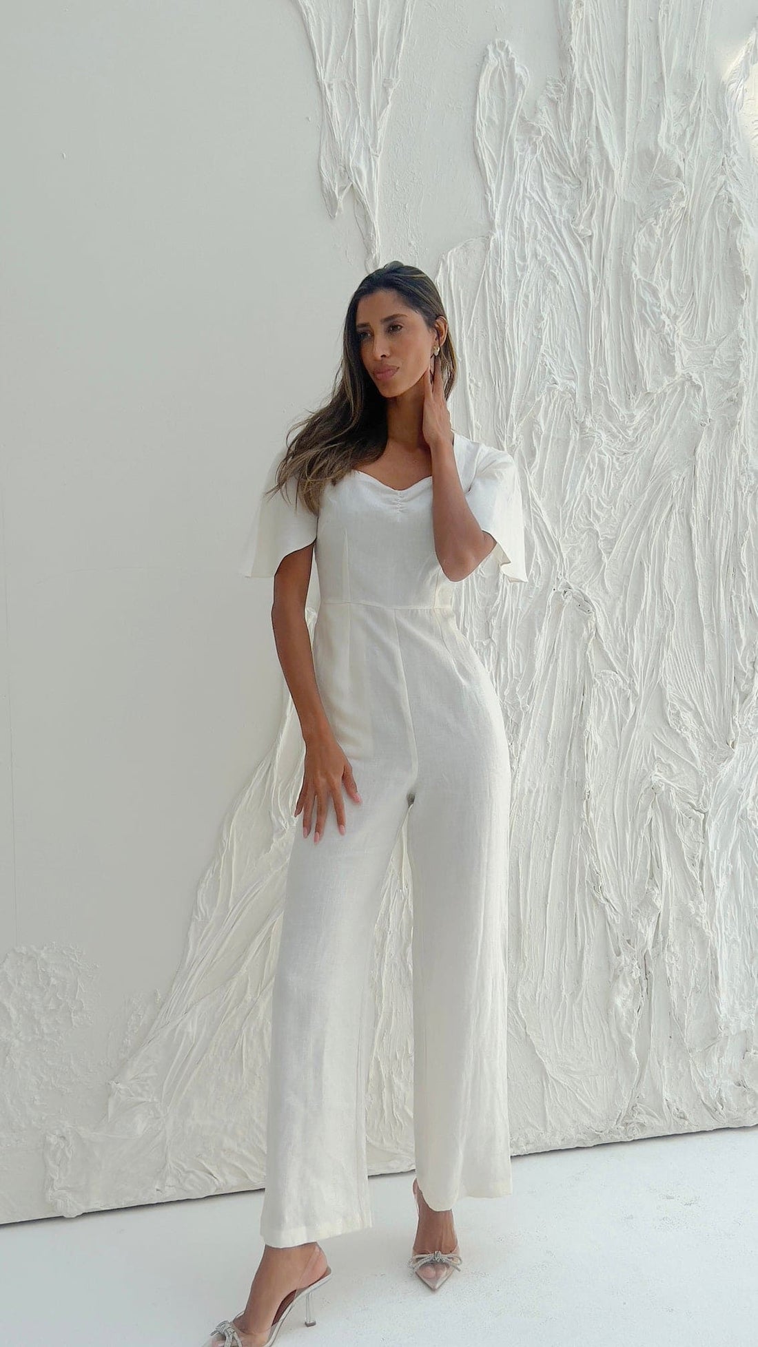 White Linen Clara Jumpsuit with Sweetheart Neckline