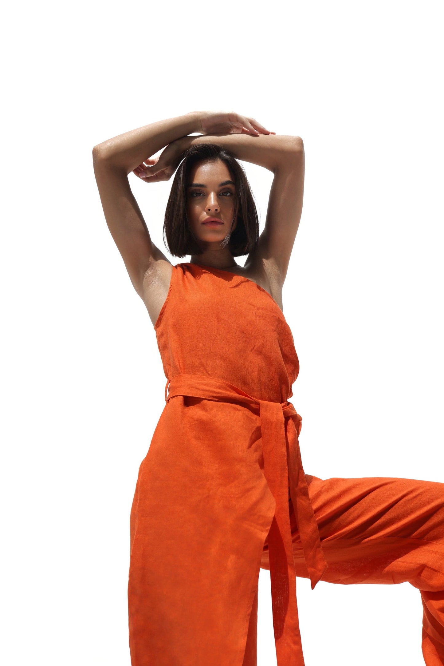 One Shoulder Tangerine Linen Iris Jumpsuit